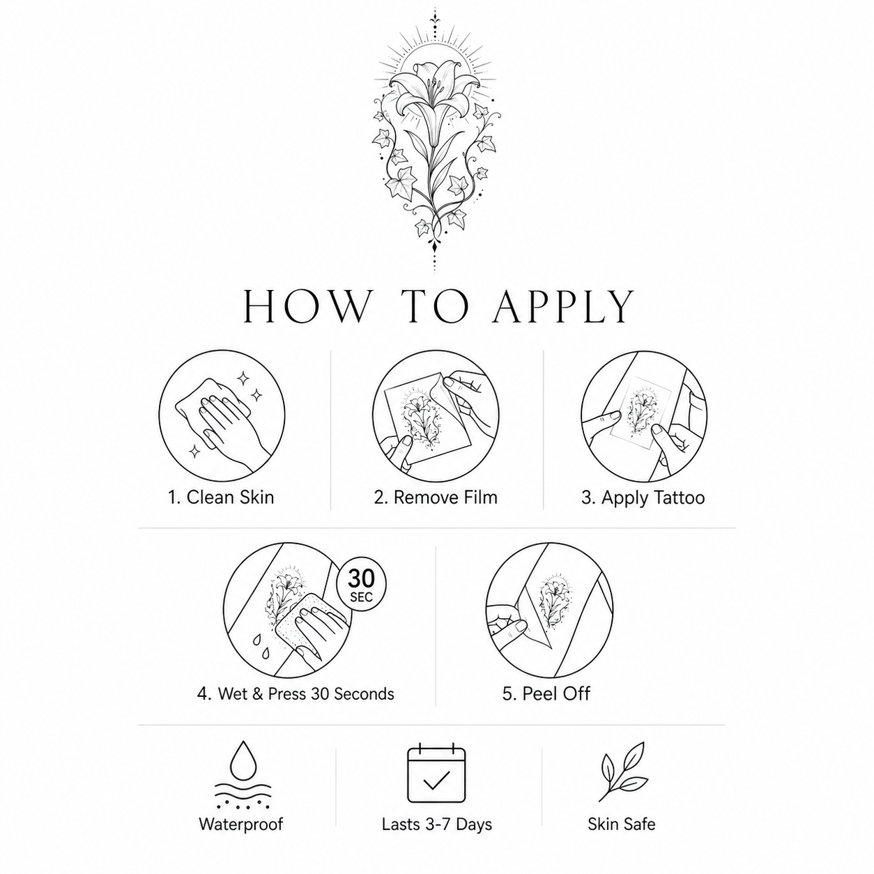 Botanical Lily & Ivy Sun Halo Temporary Tattoo