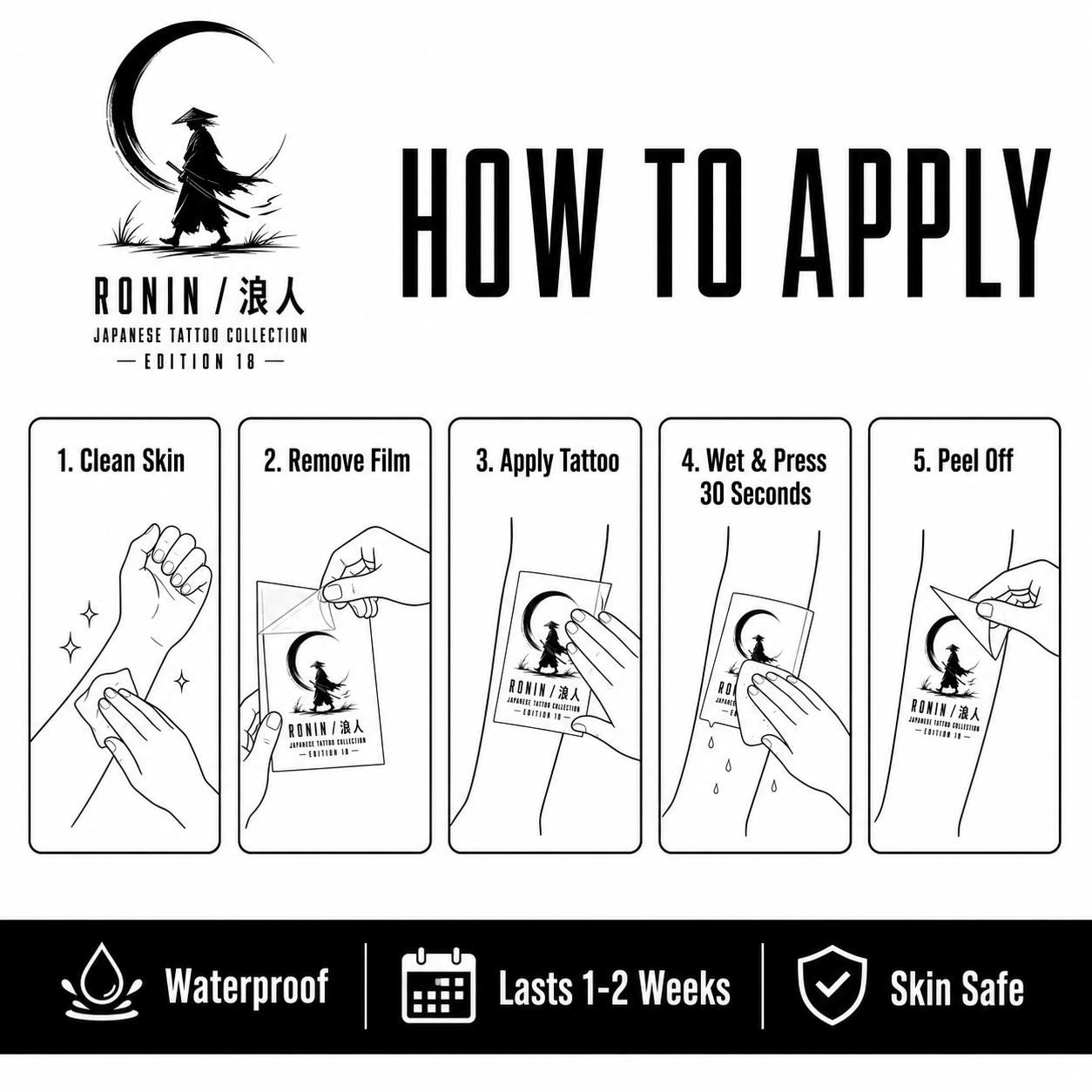 Japanese Ronin Silhouette Moon Temporary Tattoo