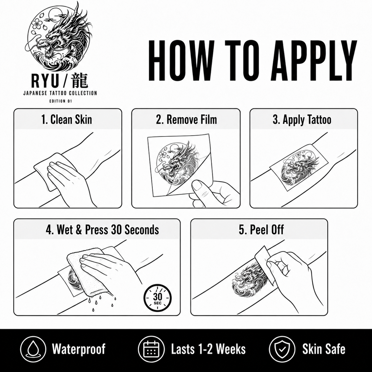 Japanese Ryu Wave Sakura Temporary Tattoo