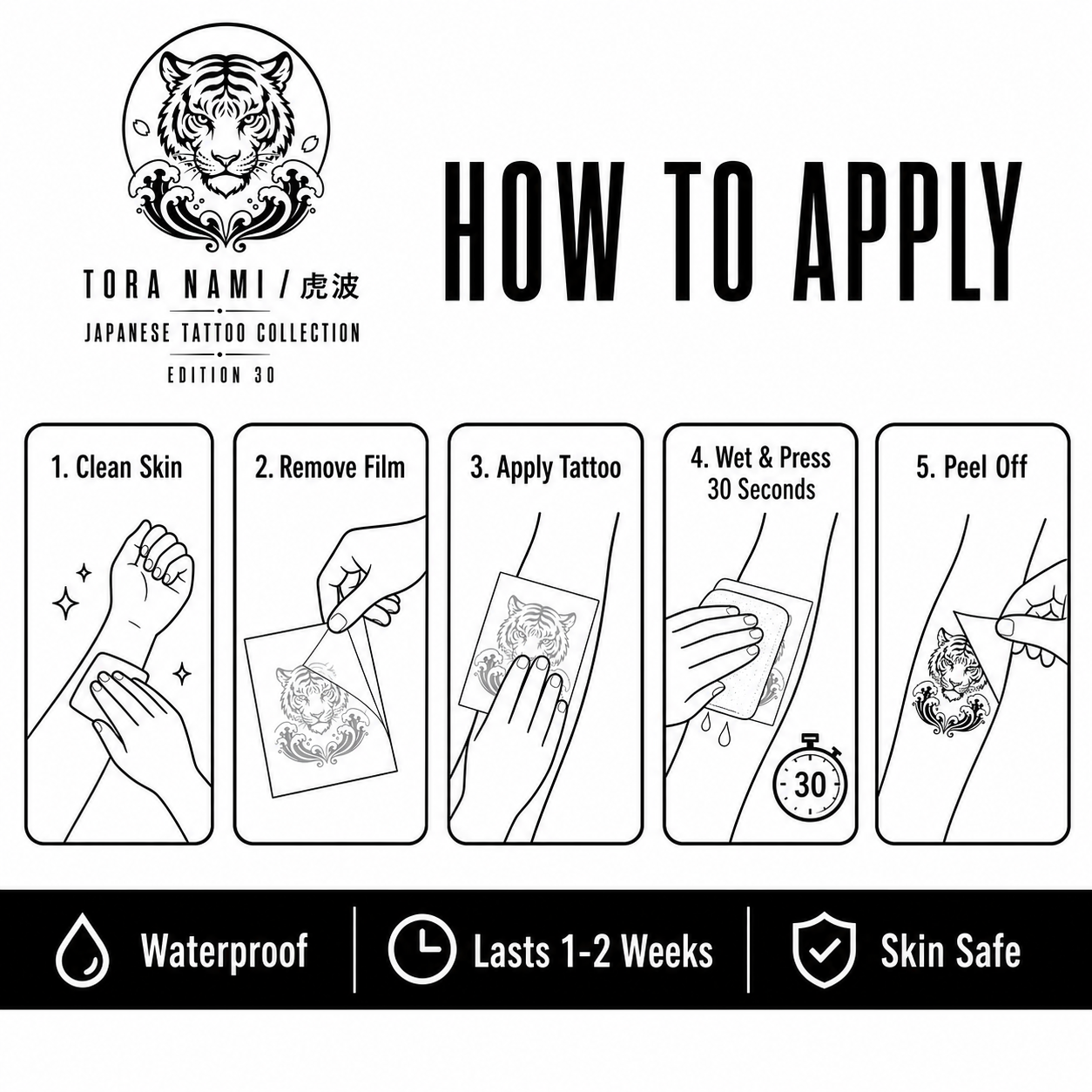 Japanese Tiger Wave Sun Temporary Tattoo Set
