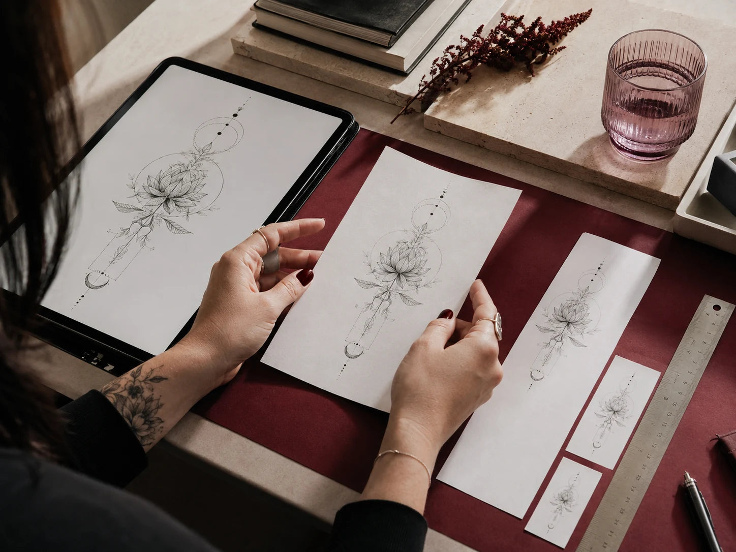 Reviewing a custom tattoo proof and size samples