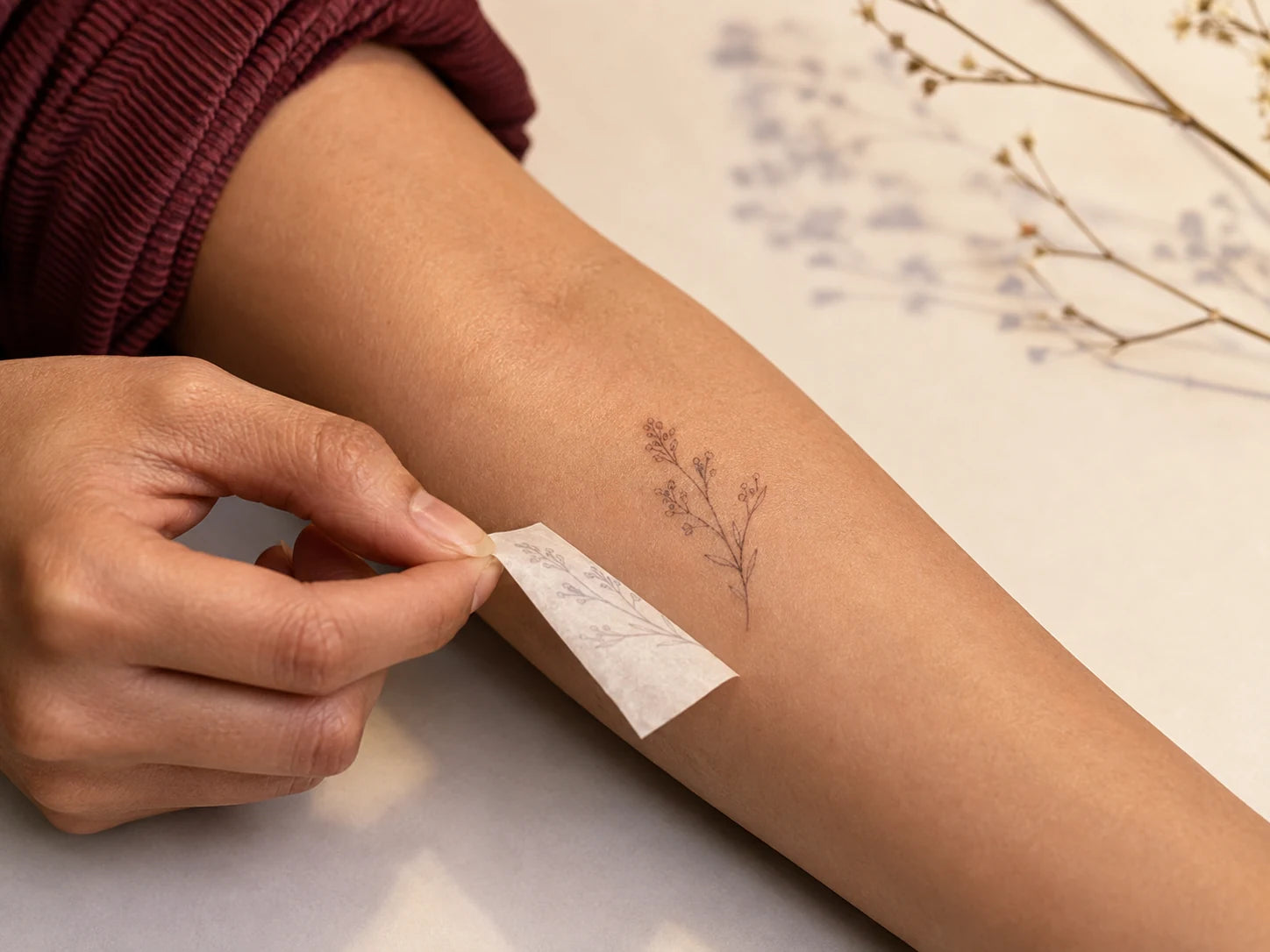Revealing the finished botanical tattoo