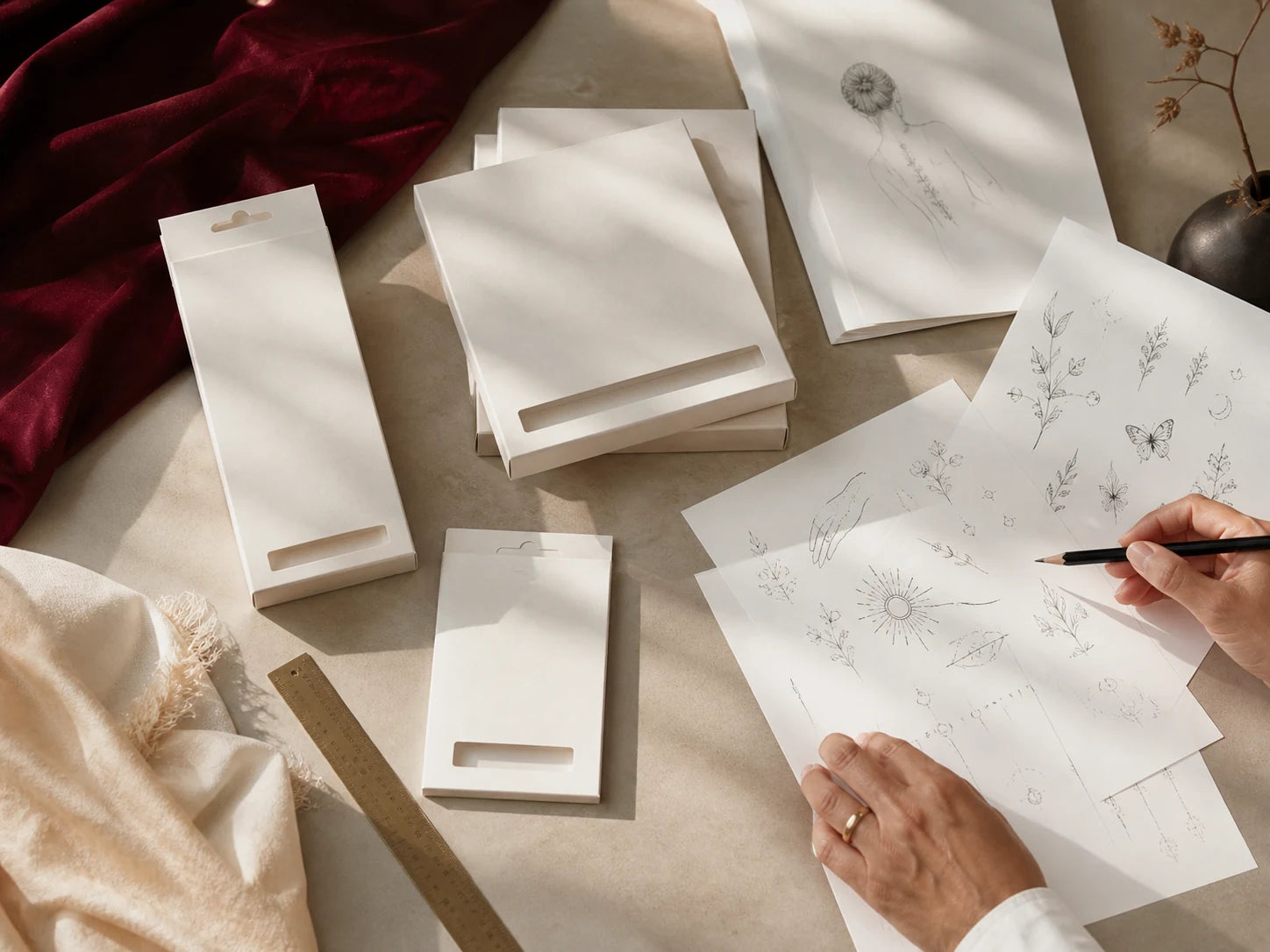 Custom tattoo proofs and packaging reviewed at a studio table