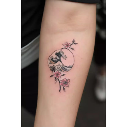 Floral Crescent Portrait Temporary Tattoo