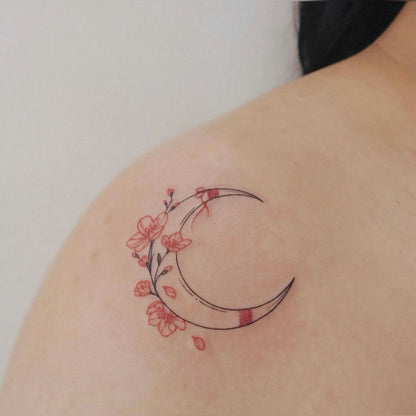 Pink Floral Moon Temporary Tattoo