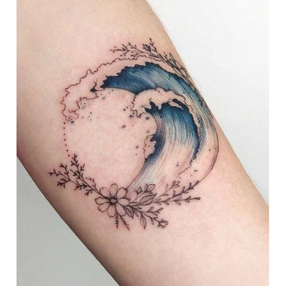 Wave and Flower Crescent Temporary Tattoo