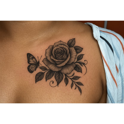 Black Rose Temporary Tattoo – Elegant Dark Botanical Design