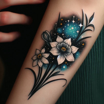 Black and Teal Floral Bouquet Temporary Tattoo