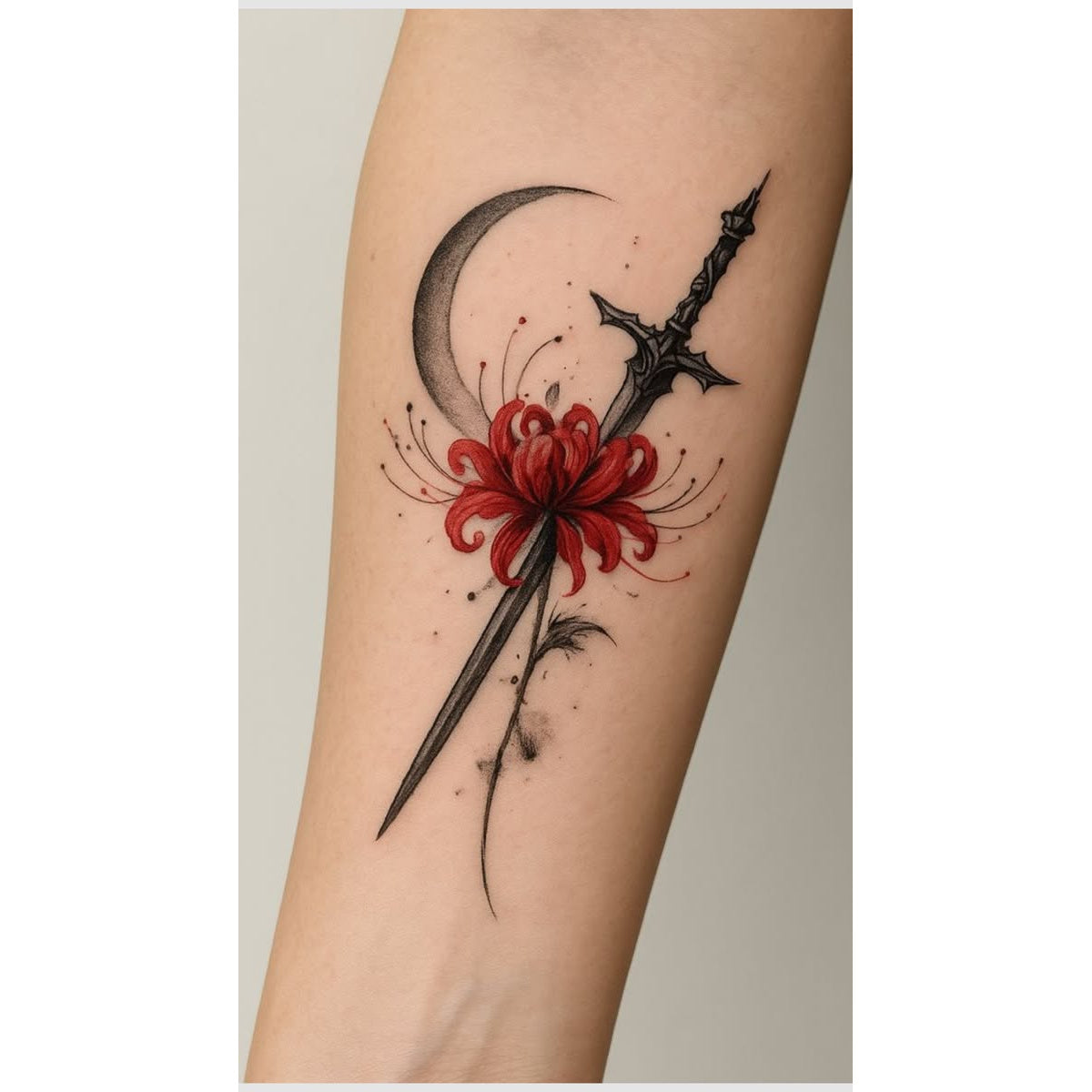 Dagger Rose and Moon Temporary Tattoo