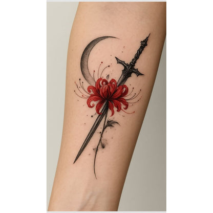 Dagger Rose and Moon Temporary Tattoo
