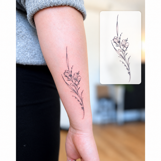 Cat and Floral Outline Temporary Tattoo