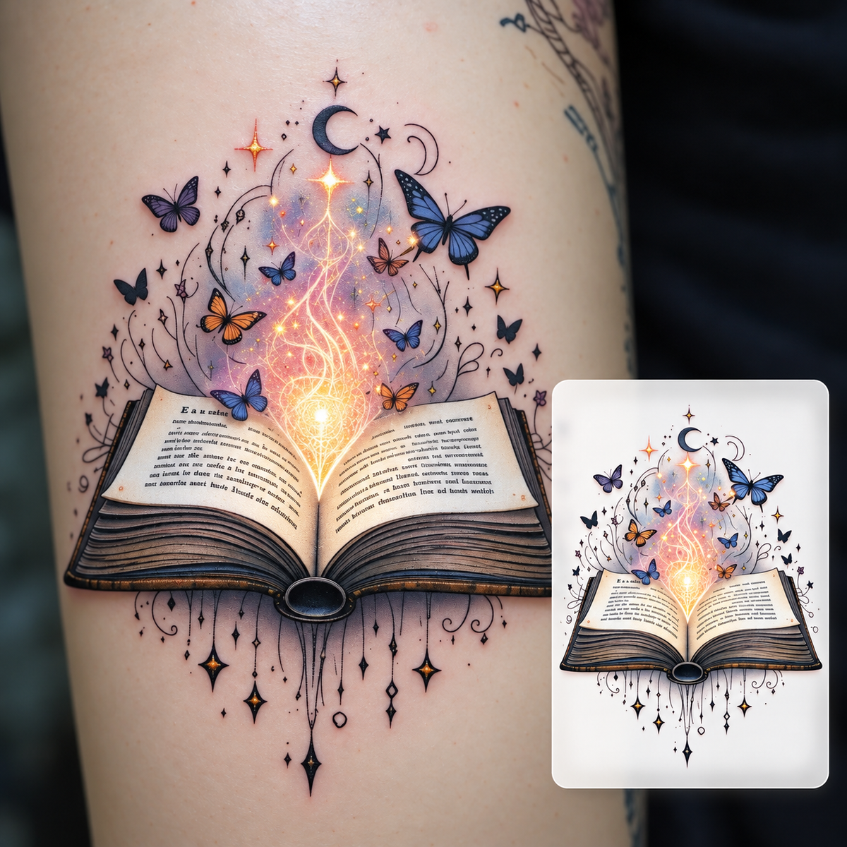 Open Book and Stars Temporary Tattoo