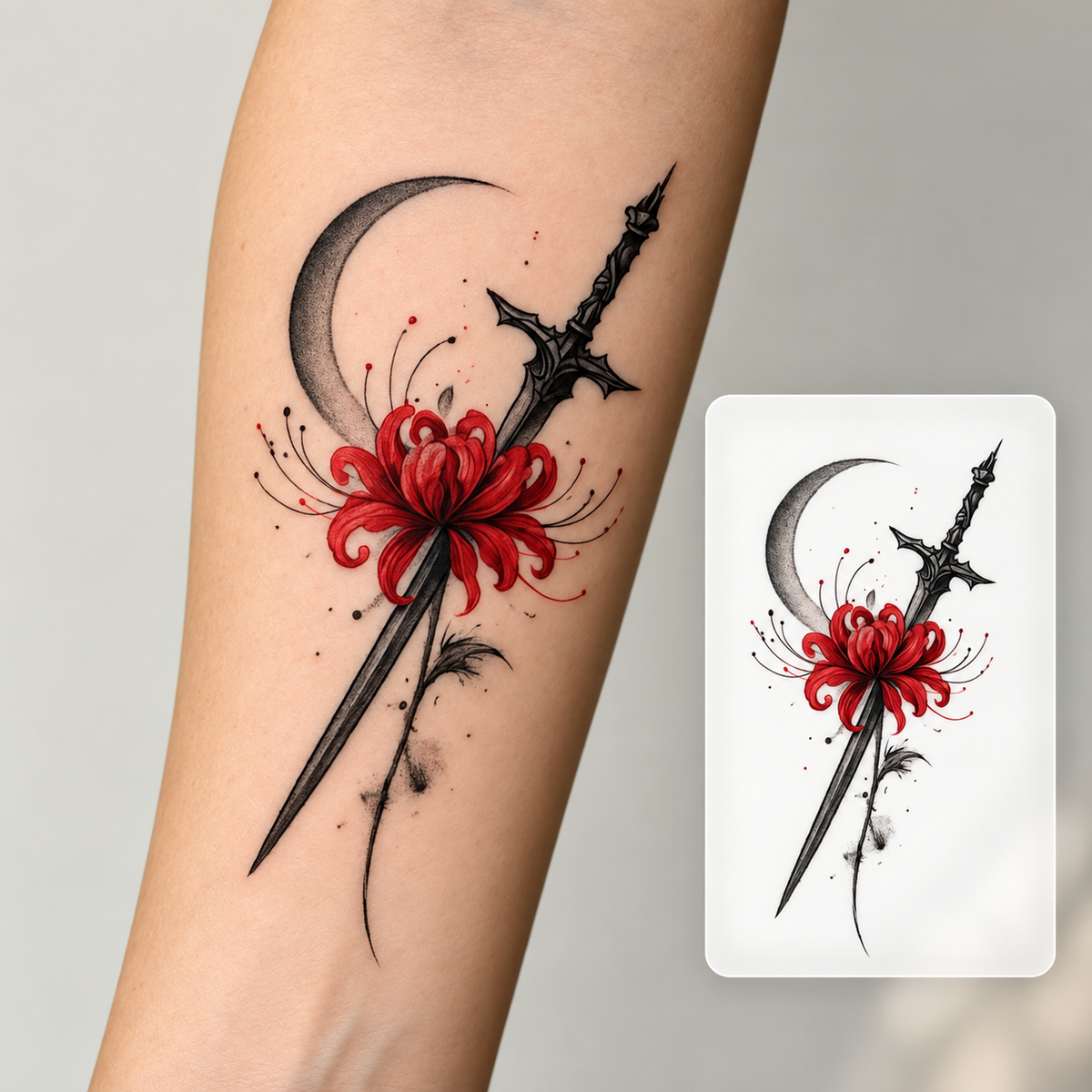 Dagger Rose and Moon Temporary Tattoo