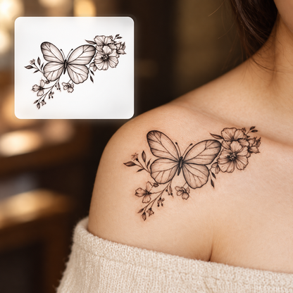 Pink Butterflies and Flowers Temporary Tattoo