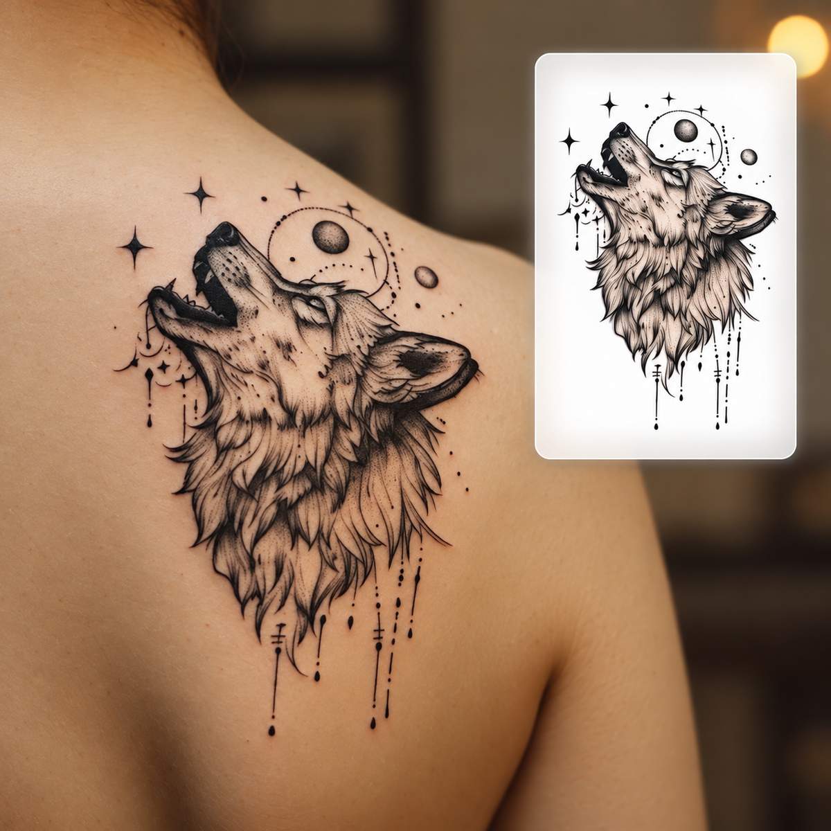 Wolf and Moon Temporary Tattoo