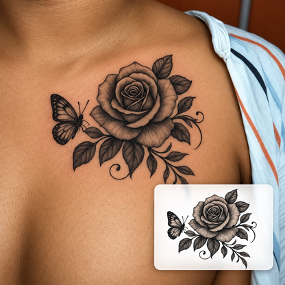 Black Rose Temporary Tattoo – Elegant Dark Botanical Design