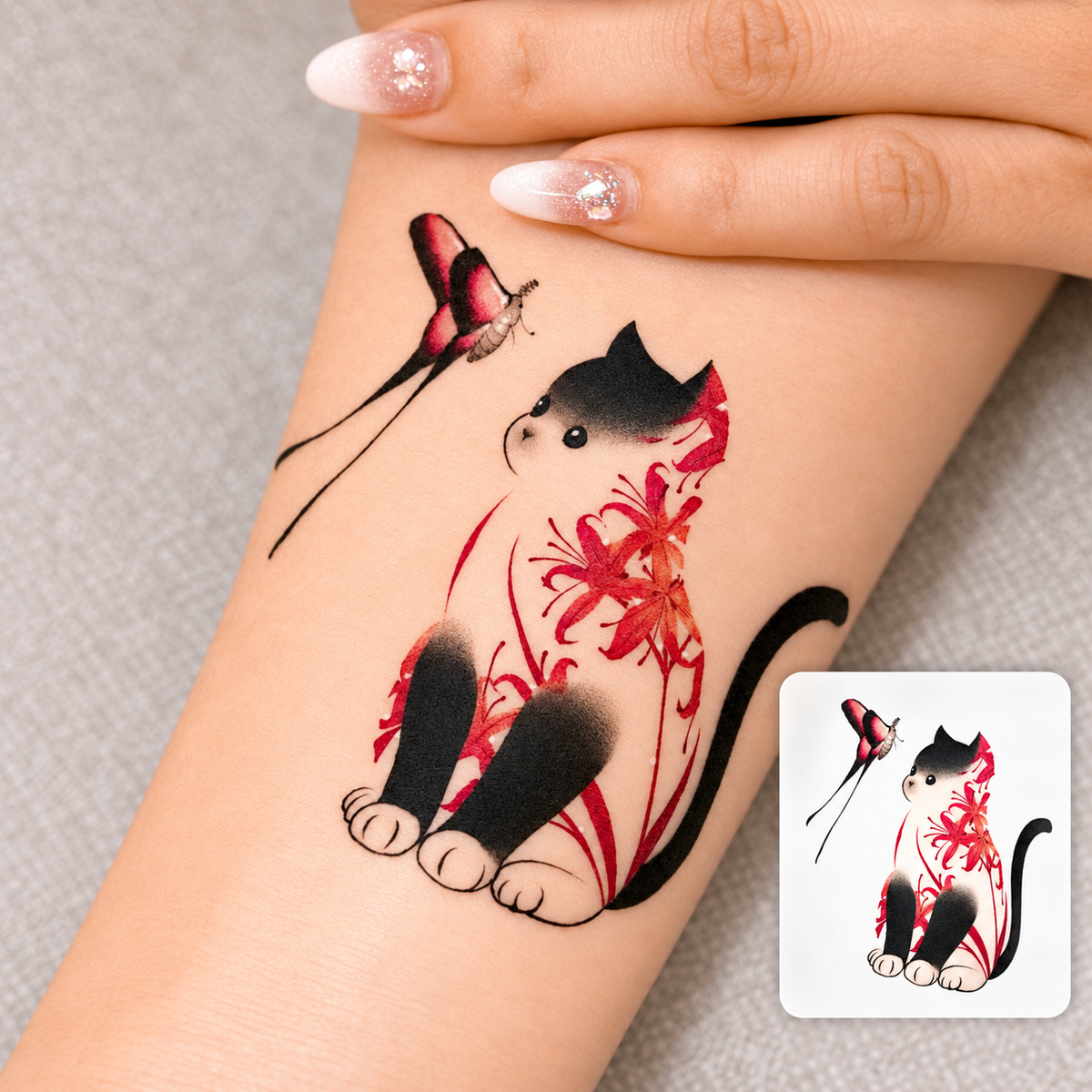 Red and Black Cat Pair Temporary Tattoo