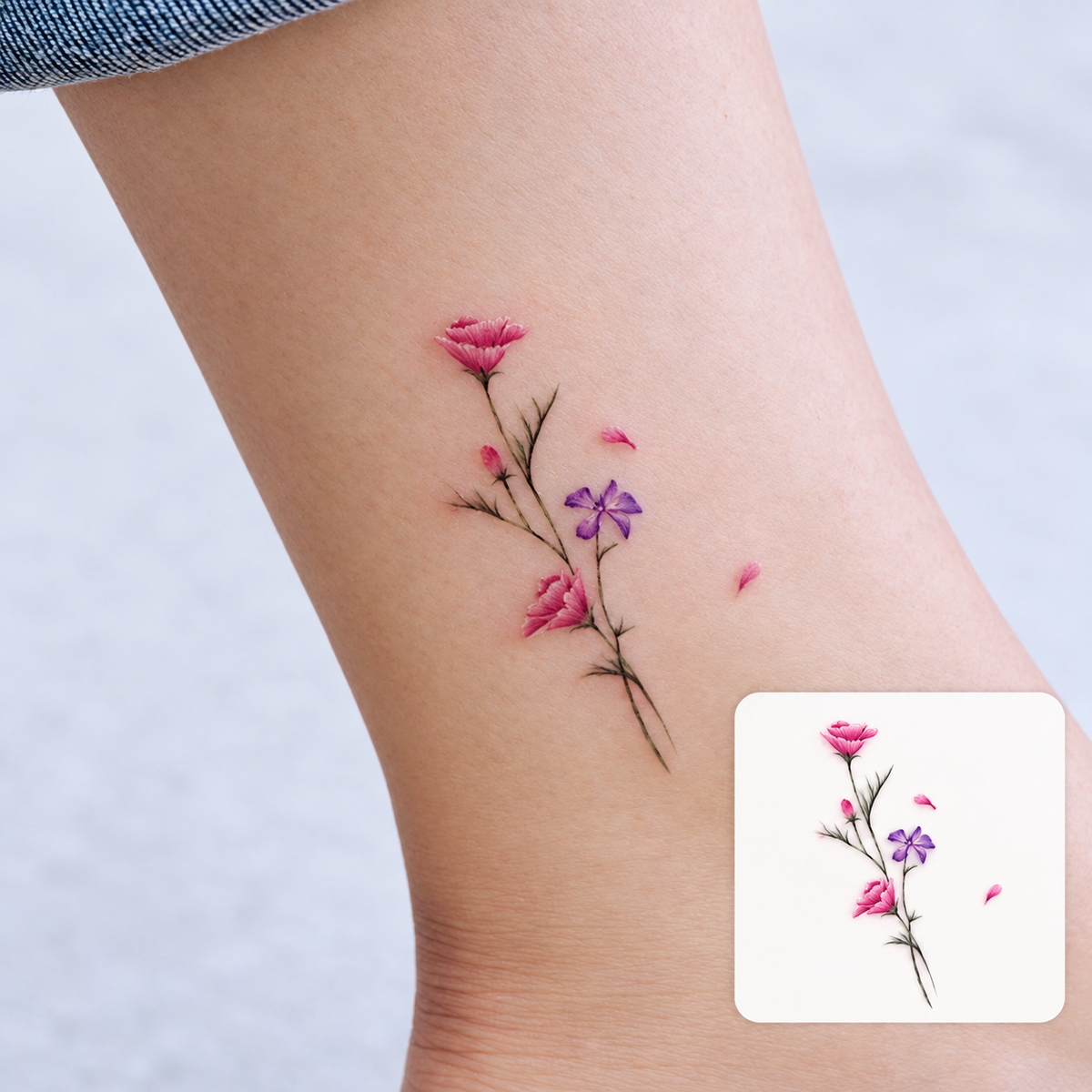 Pink Flower Sprig Temporary Tattoo
