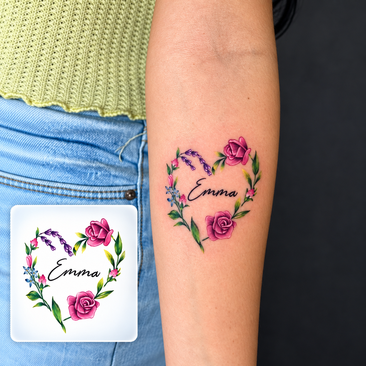 Heart and Flowers Temporary Tattoo