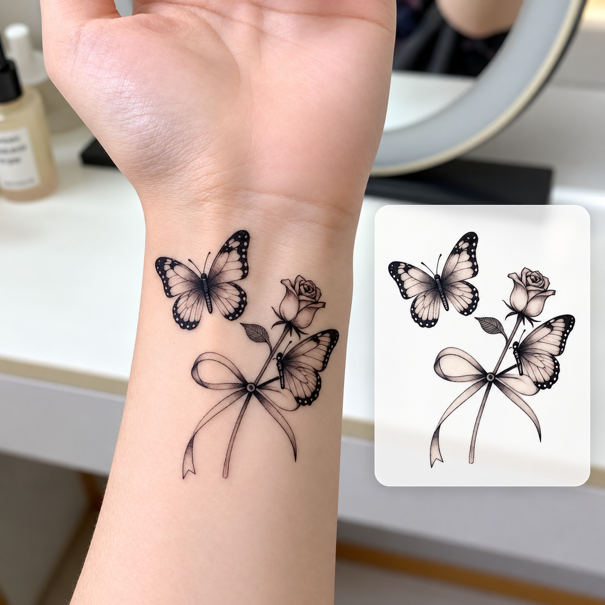 Black Butterfly and Rose Temporary Tattoo