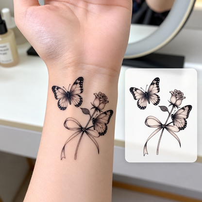 Black Butterfly and Rose Temporary Tattoo