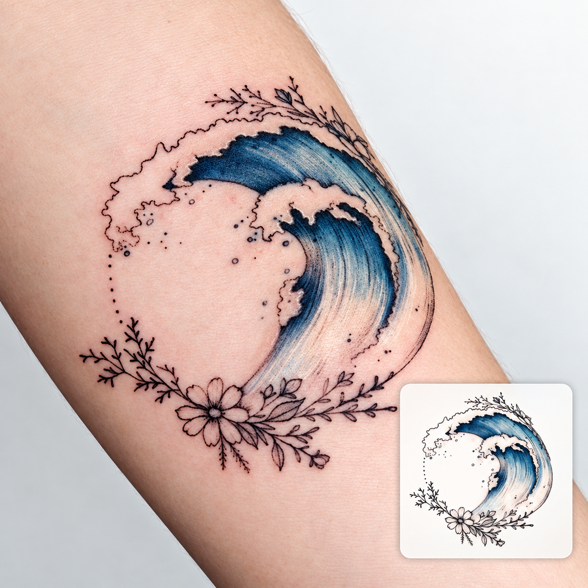 Wave and Flower Crescent Temporary Tattoo