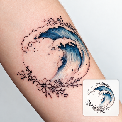Wave and Flower Crescent Temporary Tattoo