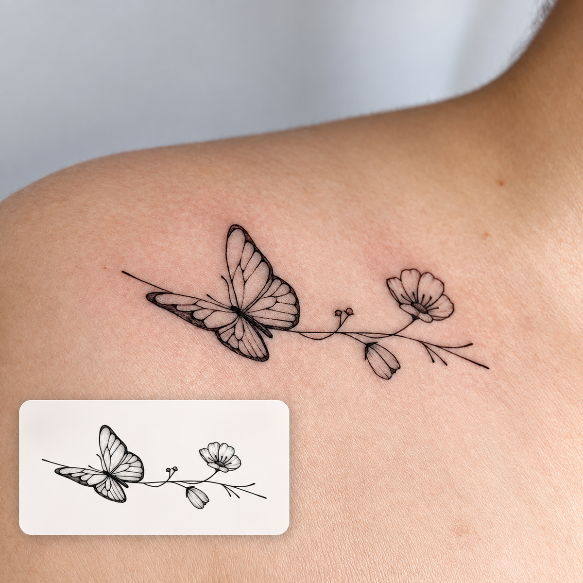 Butterfly Flower Branch Temporary Tattoo