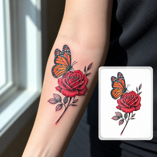 Black Butterfly Rose Temporary Tattoo