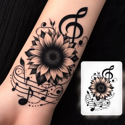 Sunflower Music Notes Temporary Tattoo