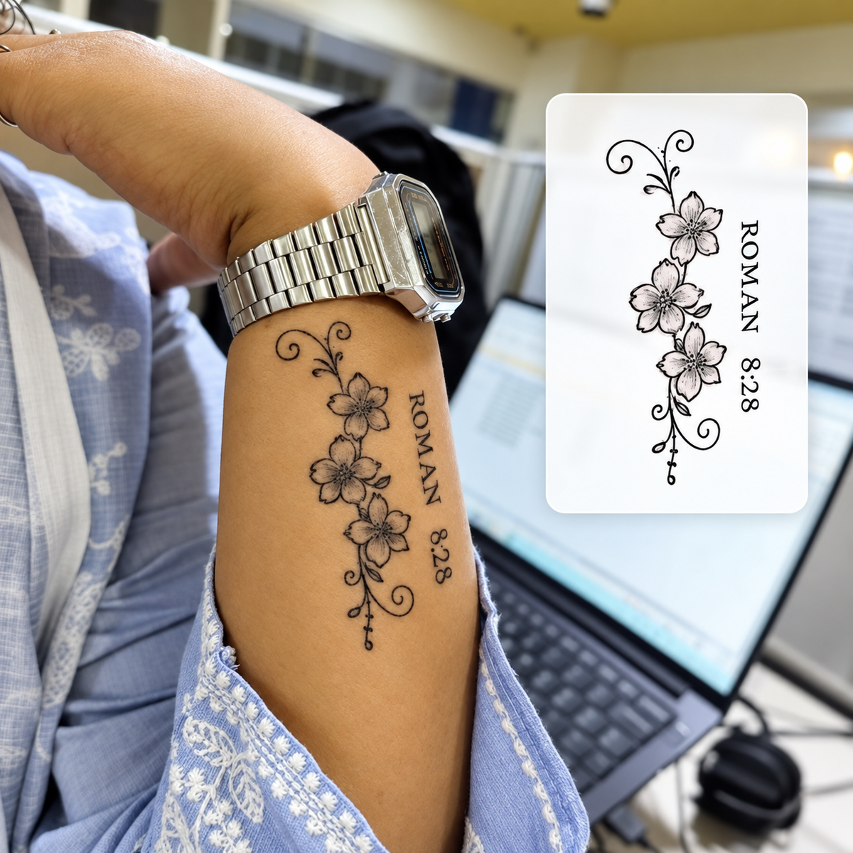 Fox and Flower Temporary Tattoo