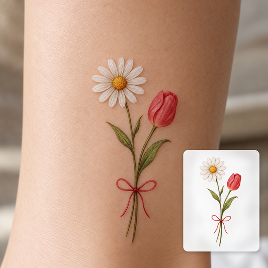 Daisy and Tulip Bouquet Temporary Tattoo