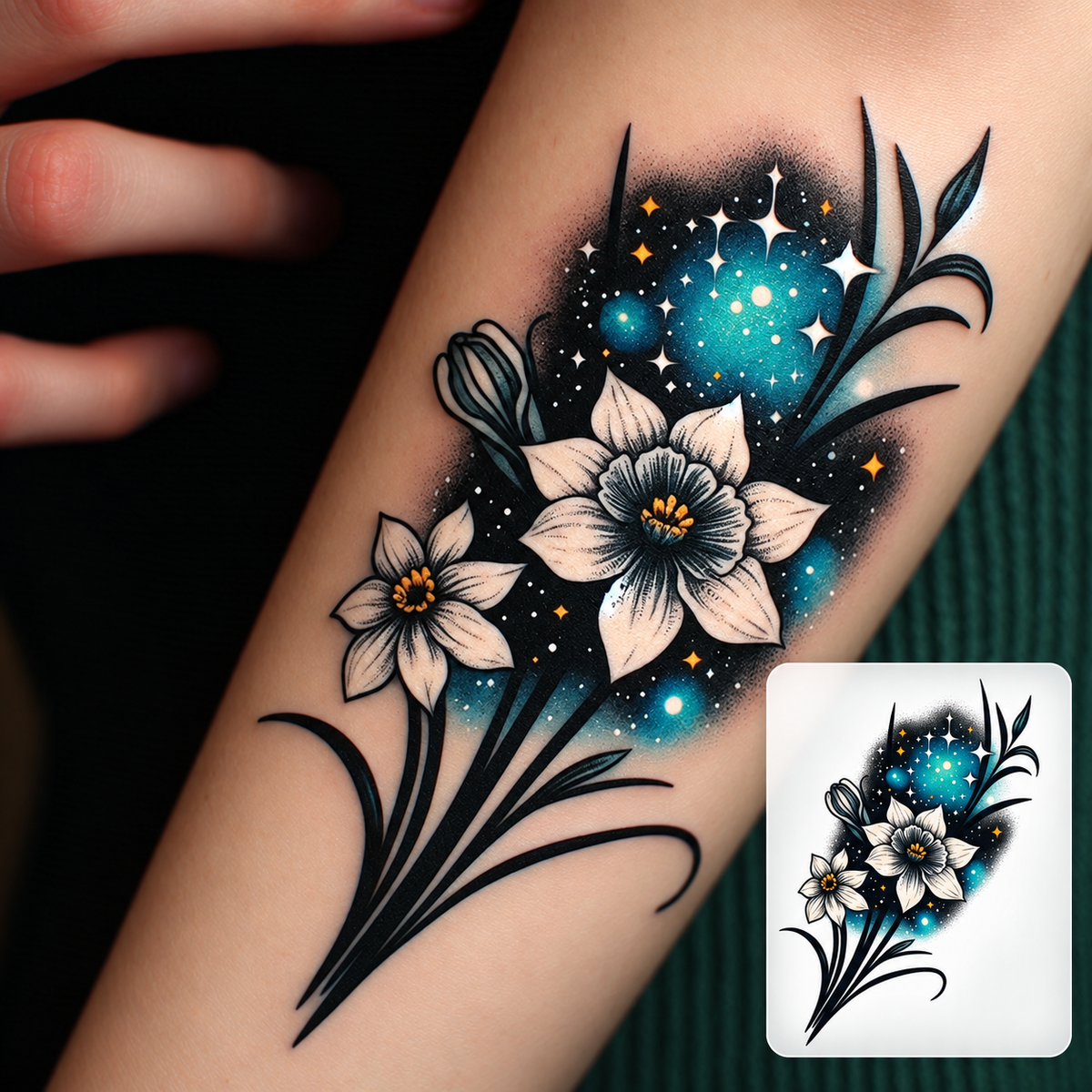 Black and Teal Floral Bouquet Temporary Tattoo