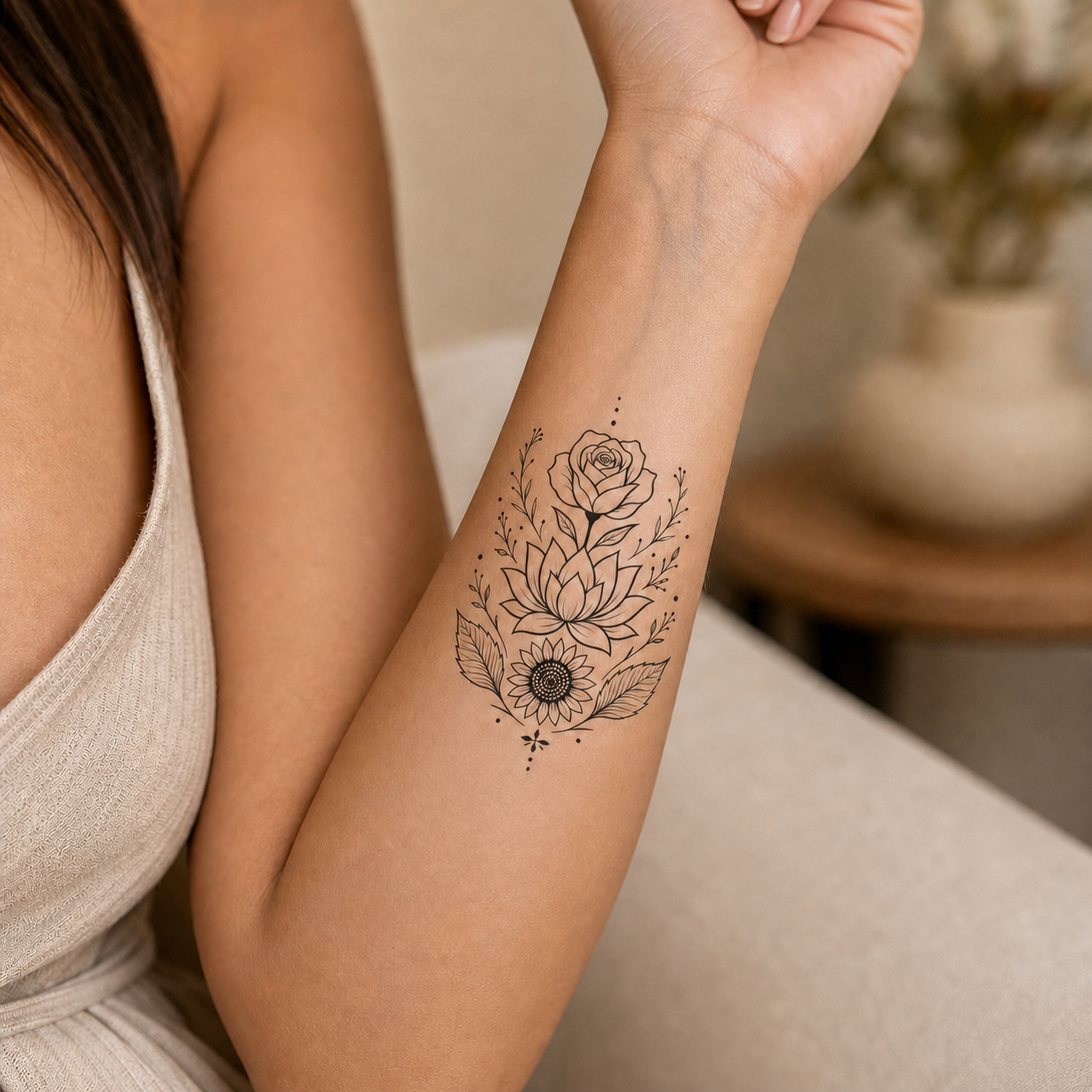 Botanical Emblem Temporary Tattoos – Rose, Lotus, Sunflower