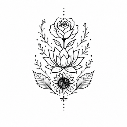 Botanical Emblem Temporary Tattoos – Rose, Lotus, Sunflower