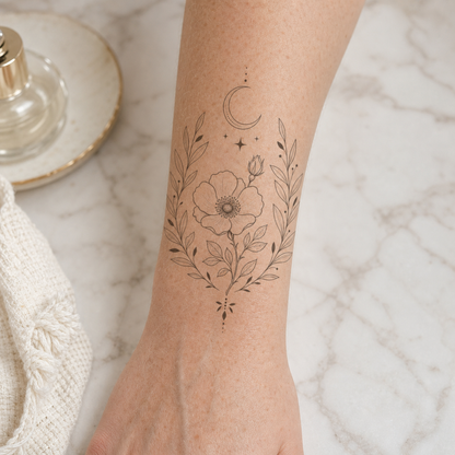 Botanical Collection 02 Wild Rose & Olive Crescent Temporary Tattoo