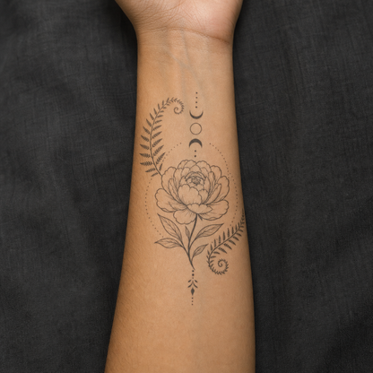 Botanical Temporary Tattoo Set: Peony, Fern, Moon Phases