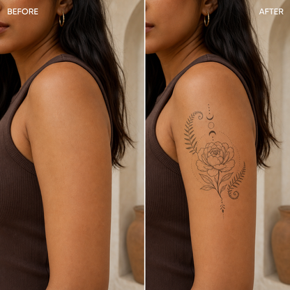 Botanical Temporary Tattoo Set: Peony, Fern, Moon Phases