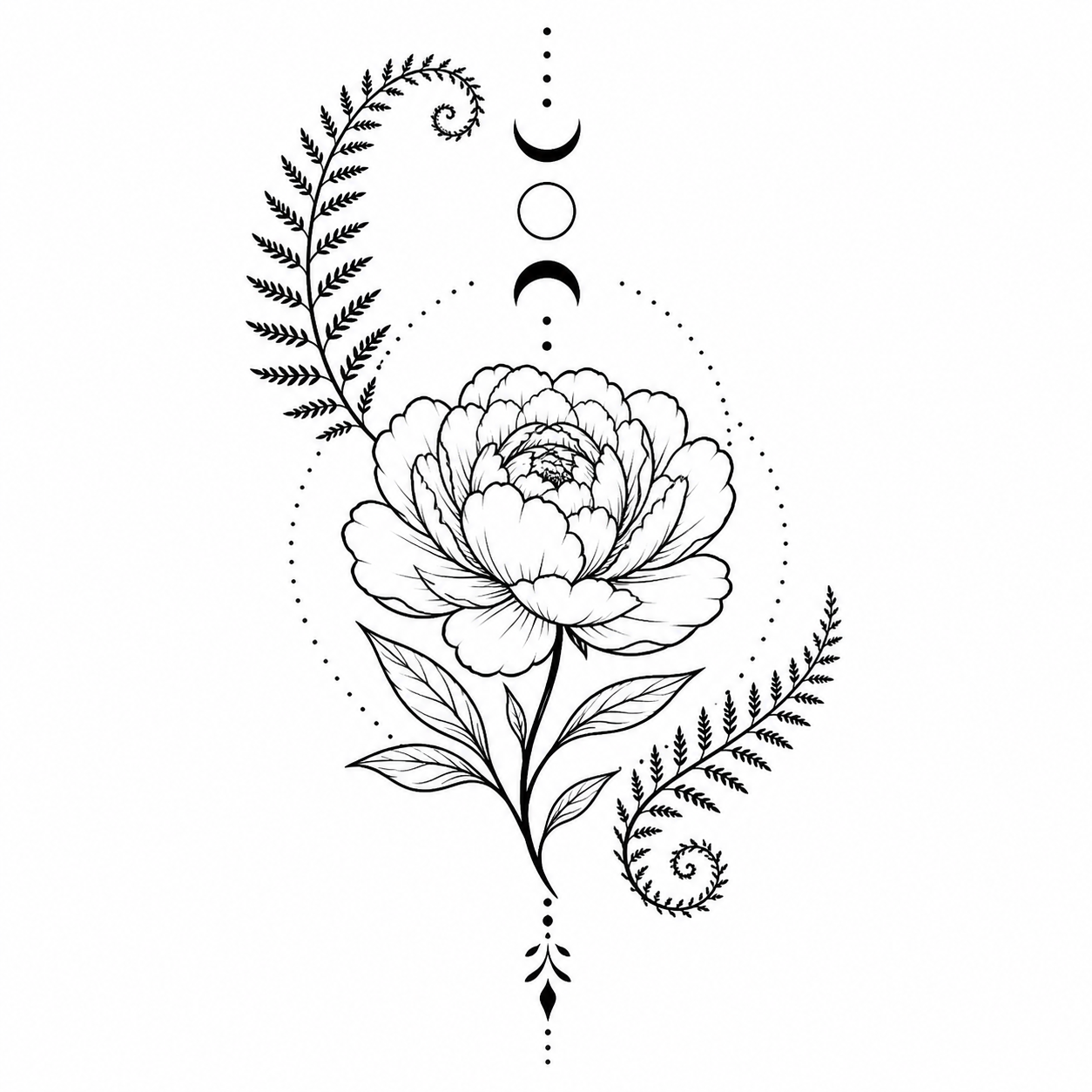Botanical Temporary Tattoo Set: Peony, Fern, Moon Phases