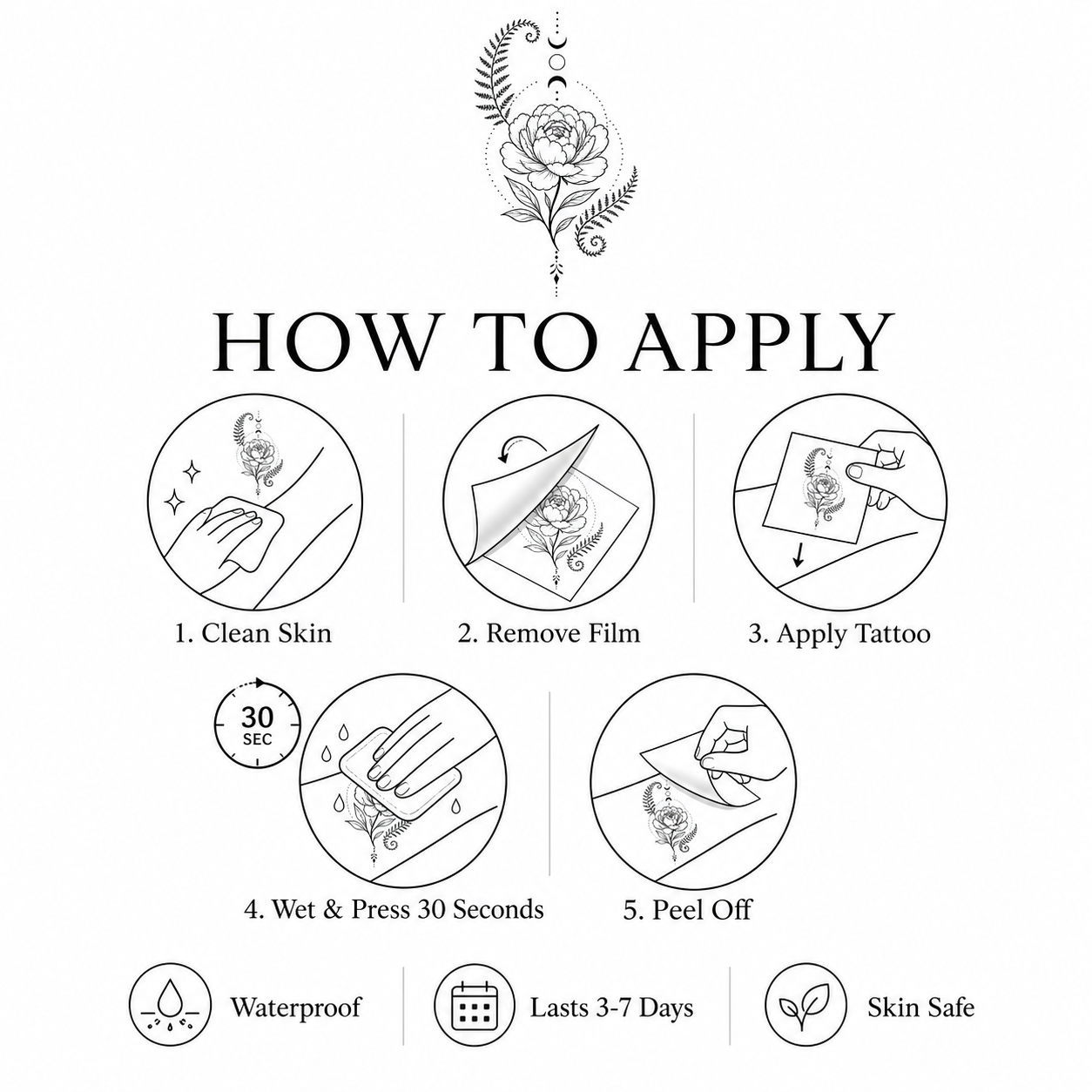 Botanical Temporary Tattoo Set: Peony, Fern, Moon Phases