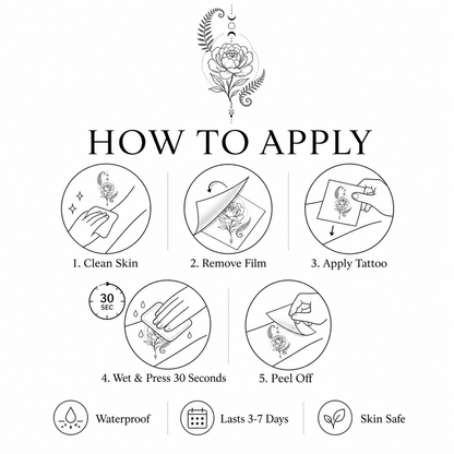 Botanical Temporary Tattoo Set: Peony, Fern, Moon Phases