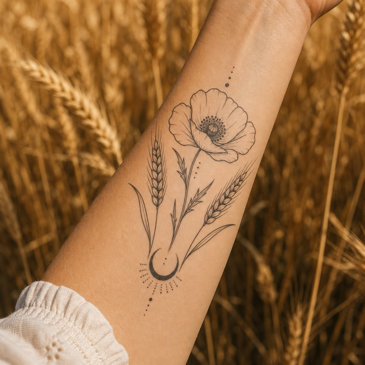 Botanical Poppy Wheat Crescent Temporary Tattoo