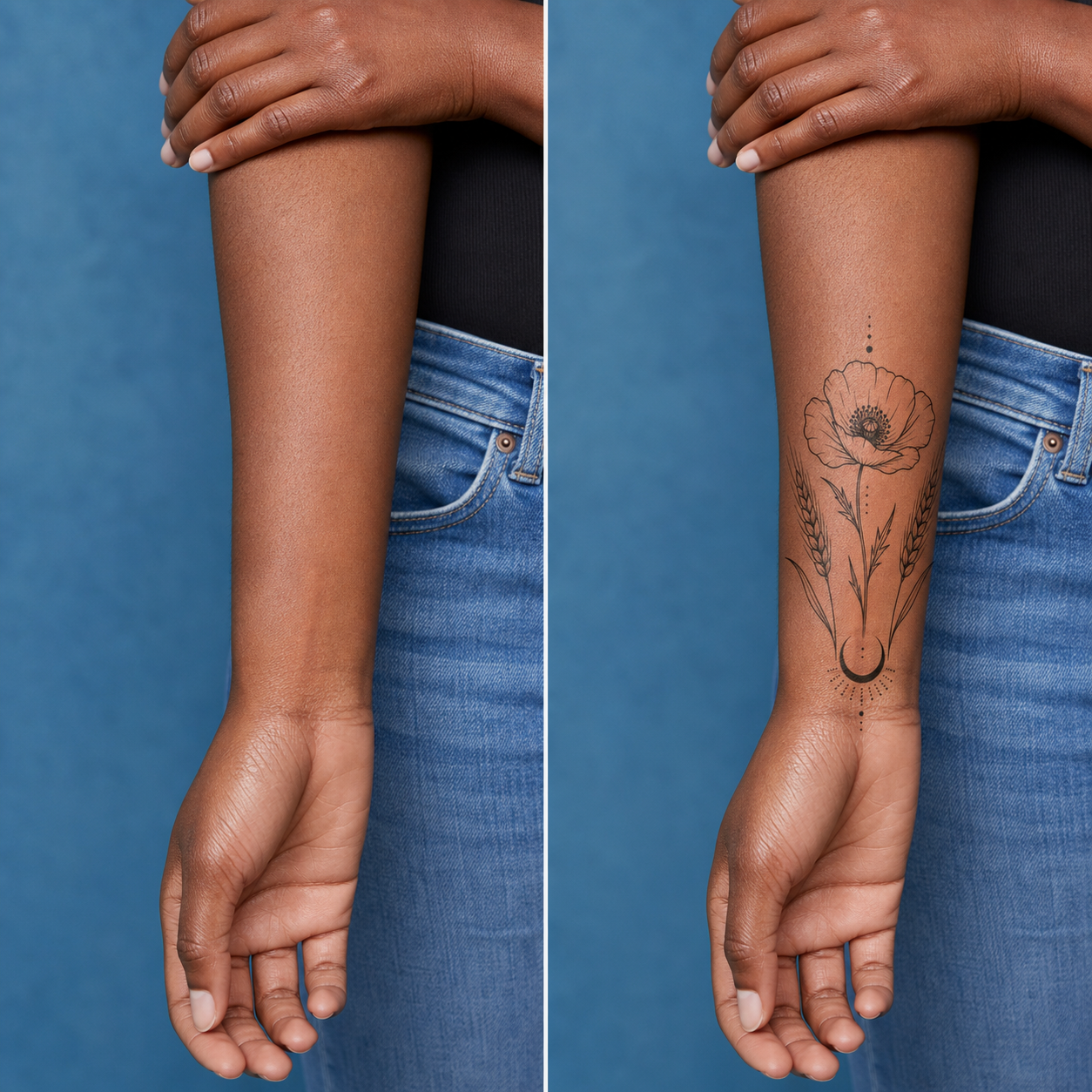 Botanical Poppy Wheat Crescent Temporary Tattoo