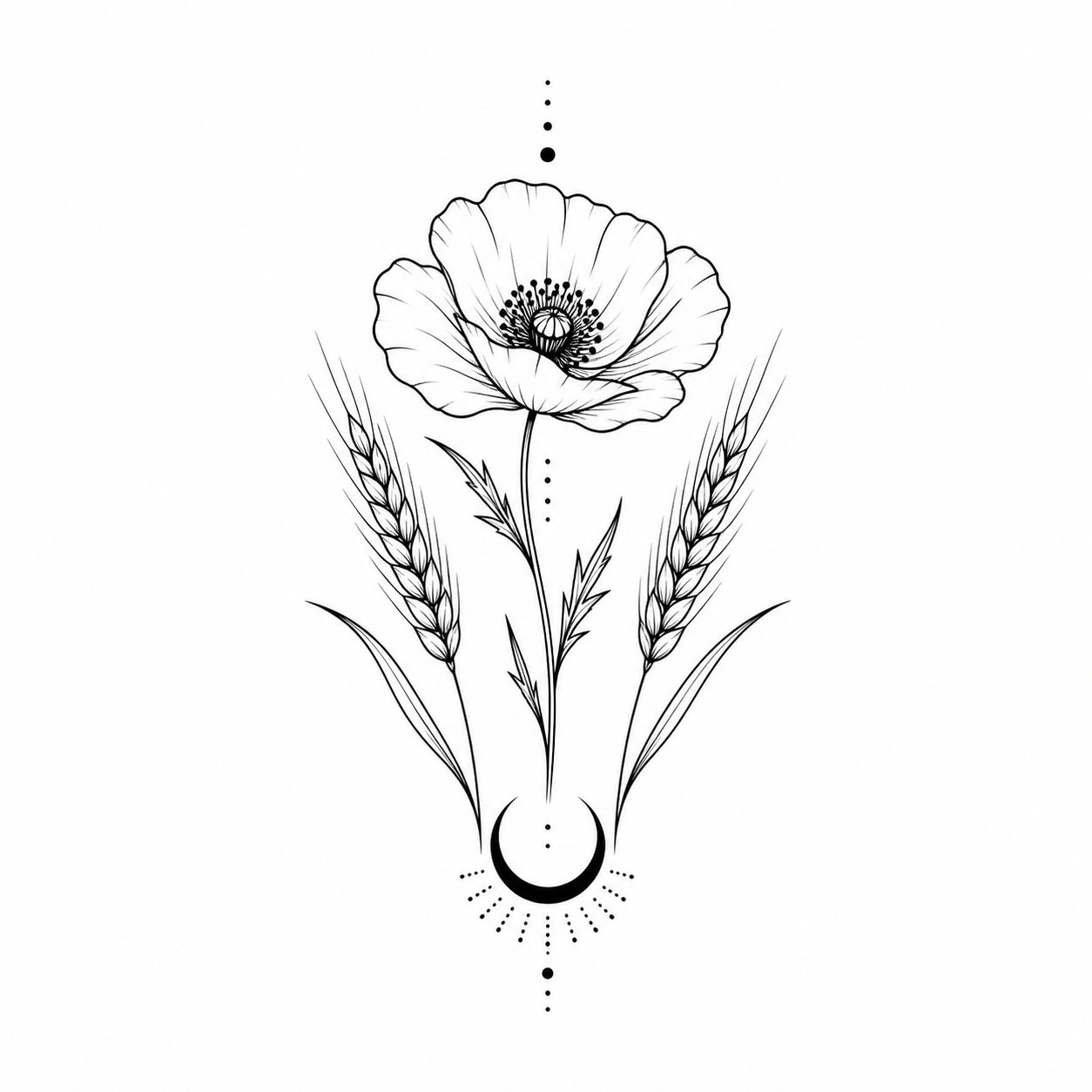 Botanical Poppy Wheat Crescent Temporary Tattoo