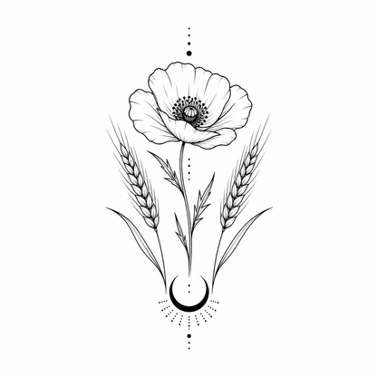 Botanical Poppy Wheat Crescent Temporary Tattoo