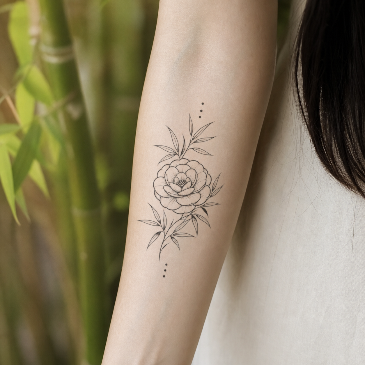 Camellia & Bamboo Leaves Temporary Tattoo – Botanical Design