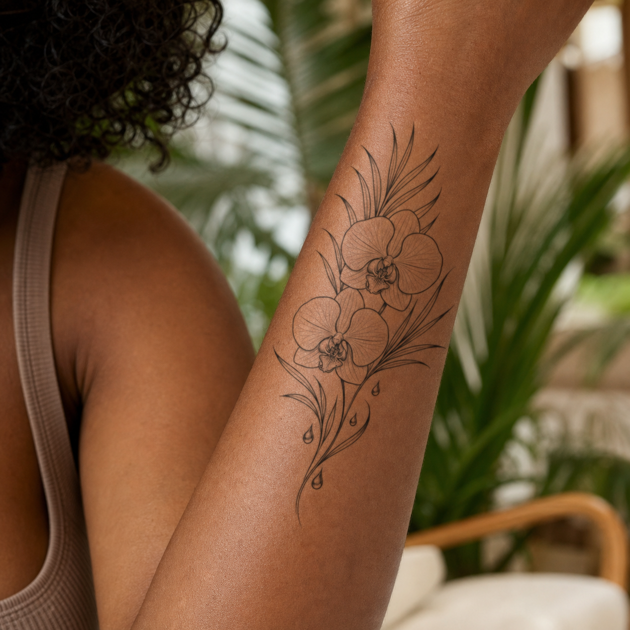 Botanical Orchid Palm Dewdrops Temporary Tattoo