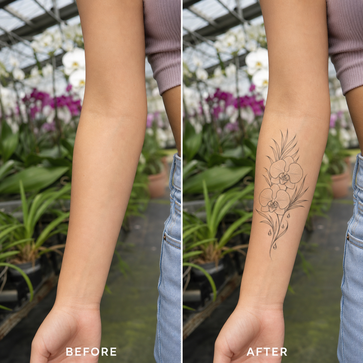 Botanical Orchid Palm Dewdrops Temporary Tattoo