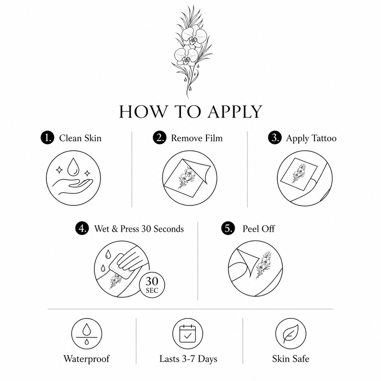 Botanical Orchid Palm Dewdrops Temporary Tattoo