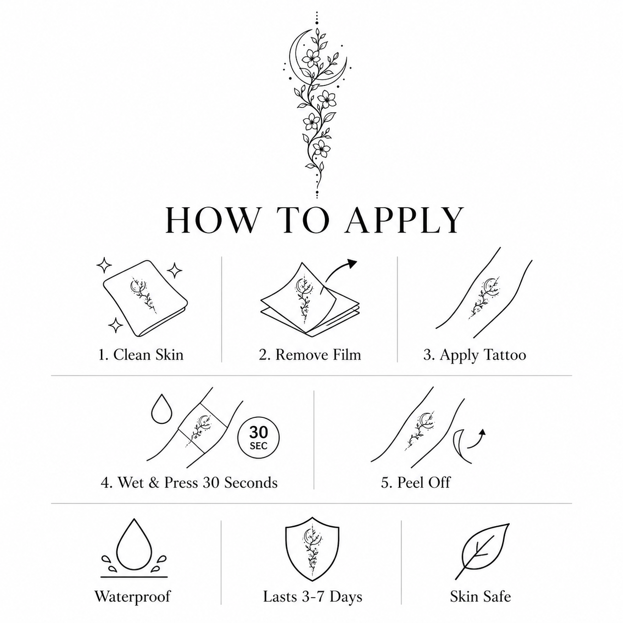 Jasmine Vine Moon Temporary Tattoo | Botanical Collection